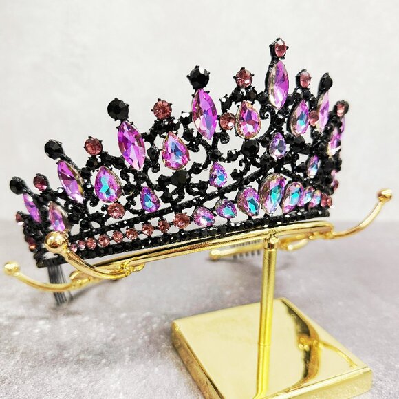 Purple Crystal Tiara, Black comb tiara, vintage crown, Prom hair jewelry main image 5